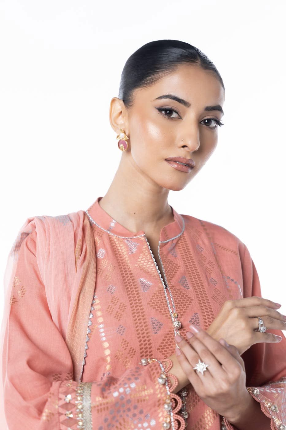 Three Piece Embroidered Jacquard Shirt with Printed Poly Chiffon Dupatta