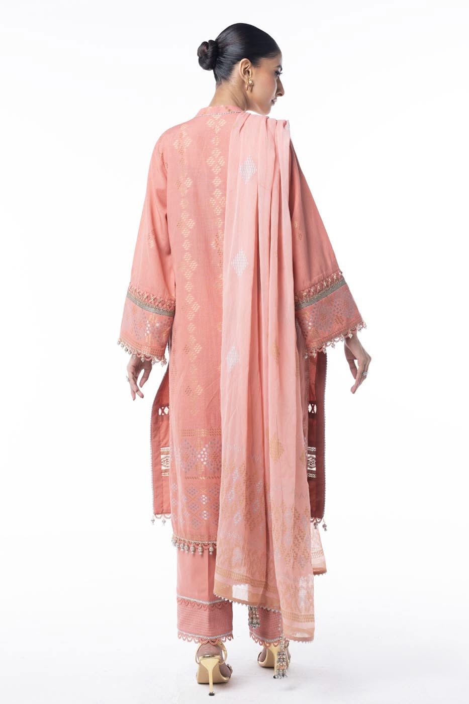 Three Piece Embroidered Jacquard Shirt with Printed Poly Chiffon Dupatta