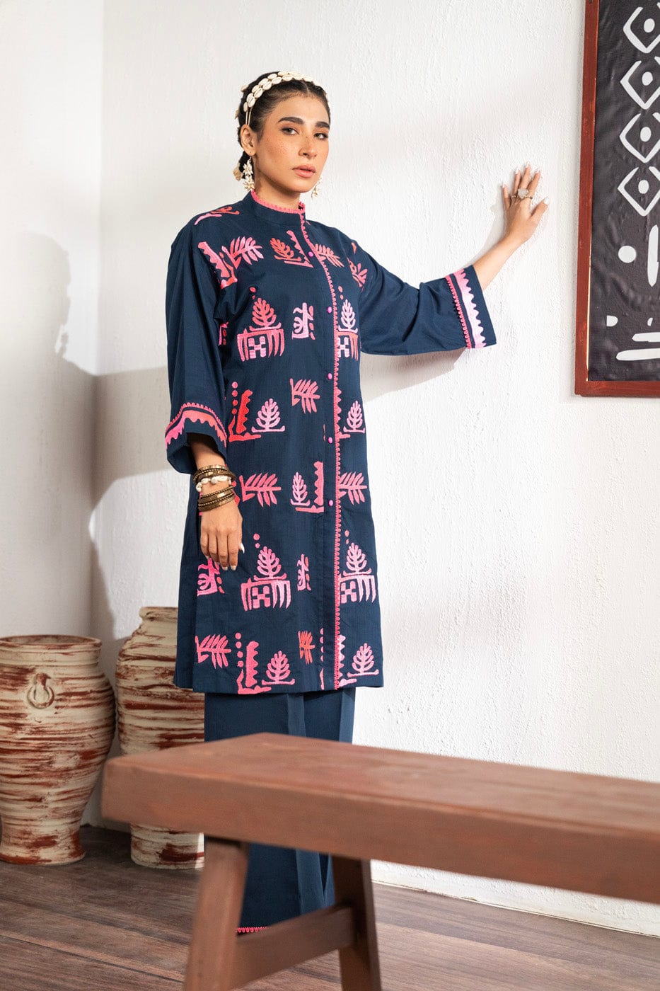 2 Pc Dyed Embroidered Dobby Suit With Dyed Cambric Trouser