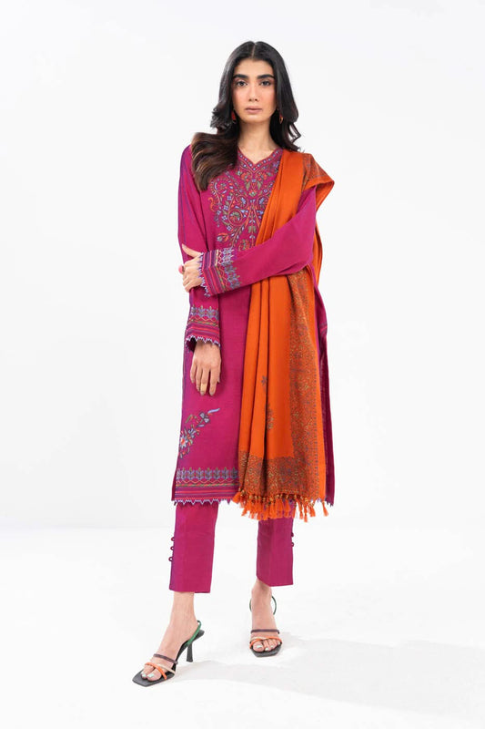 3 Piece Embroidered Khaddar Suit With Shawl