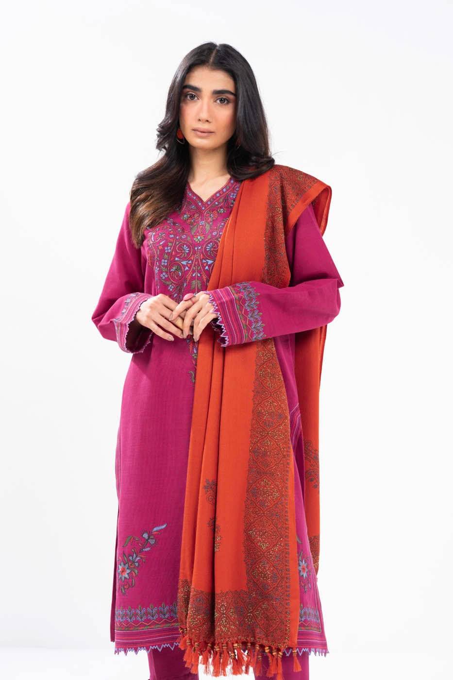 3 Piece Embroidered Khaddar Suit With Shawl