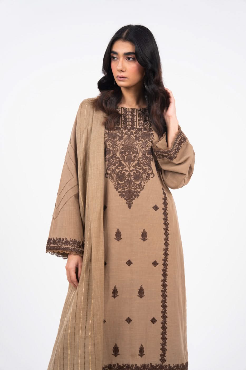 3 Piece Embroidered Khaddar Suit With Woven Shawl