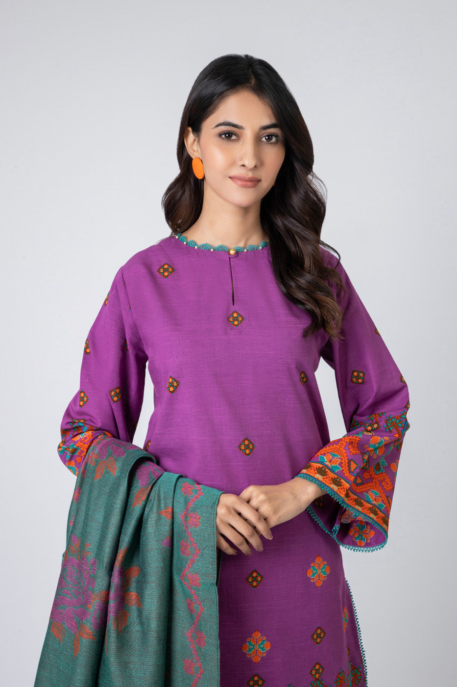 3 Piece Printed Khaddar Suit With Woven Jacquard Shawl