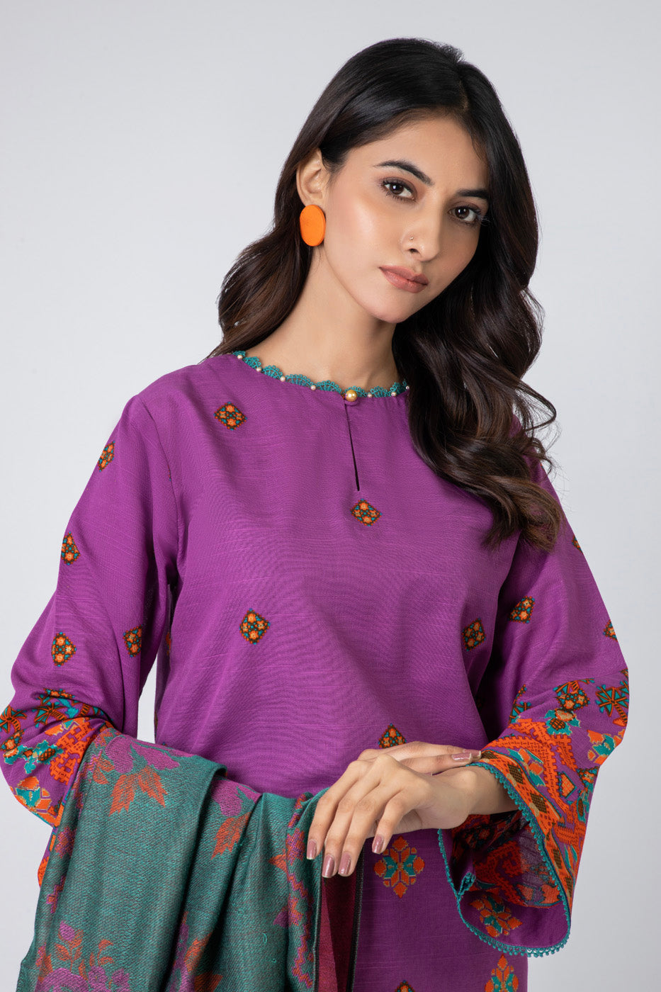 3 Piece Printed Khaddar Suit With Woven Jacquard Shawl