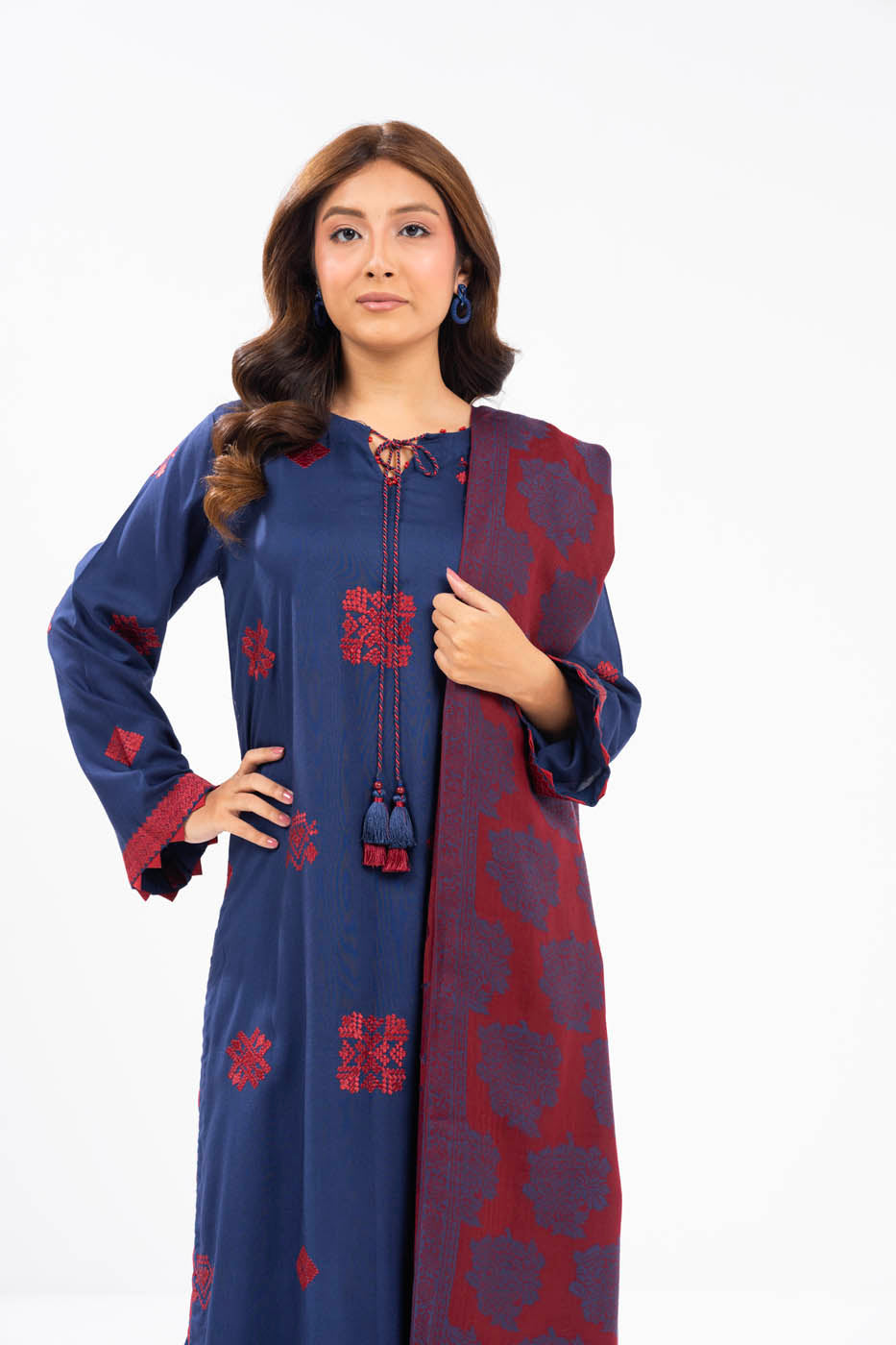 3 Piece Embroidered Viscose Suit With Shawl