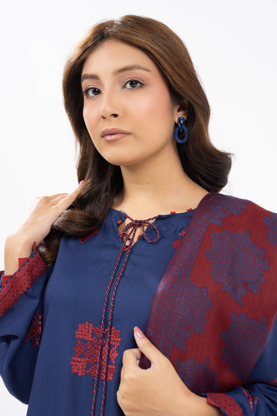 3 Piece Embroidered Viscose Suit With Shawl