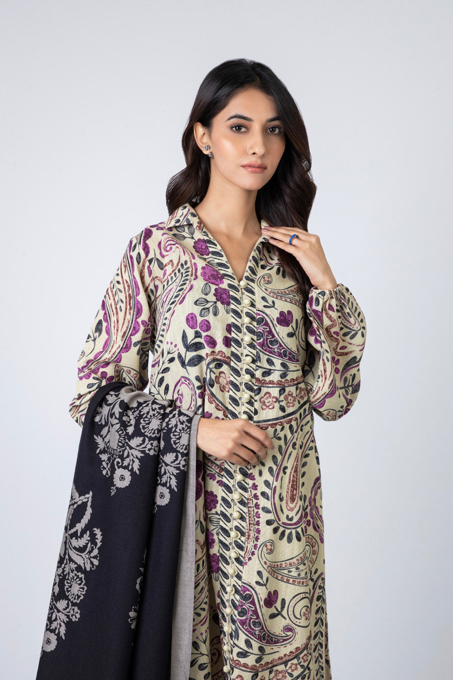 3 Piece Printed Khaddar Suit With Woven Jacquard Shawl