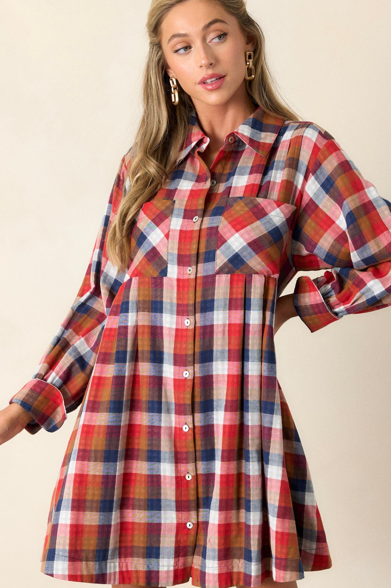 Gliding By 100% Cotton Red Multi Plaid Mini Dress