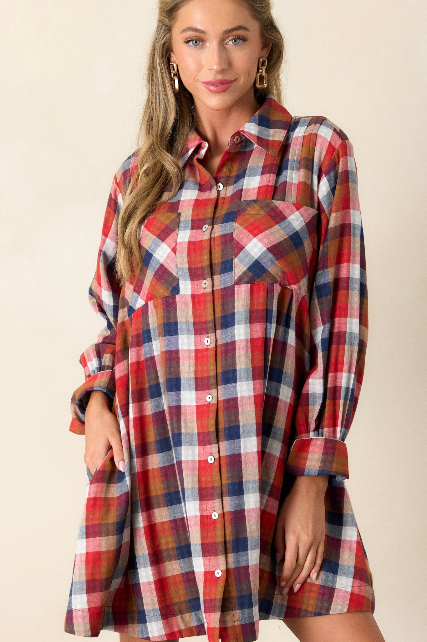 Gliding By 100% Cotton Red Multi Plaid Mini Dress