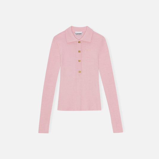 Ganni Mini Ribbed Merino Polo - Chalk Pink