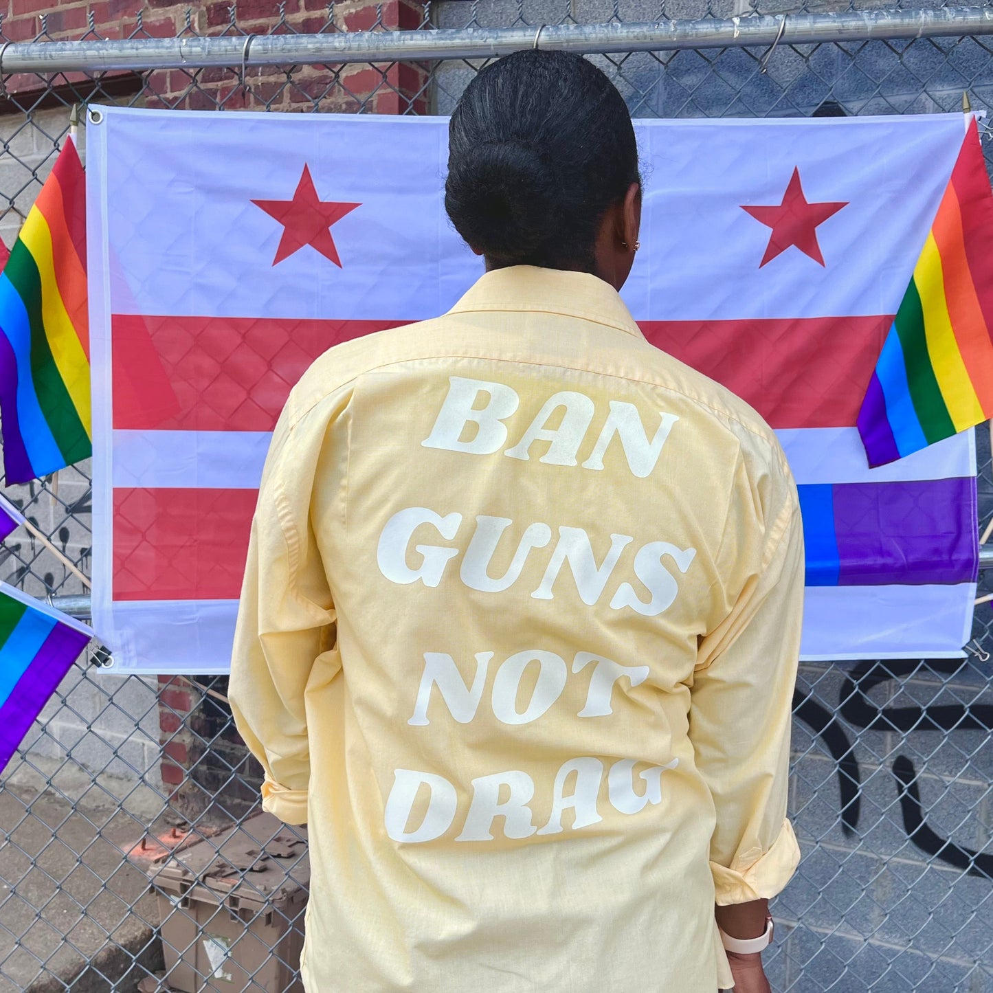 Yellow Ban Guns Not Drag Upcycled Button Down