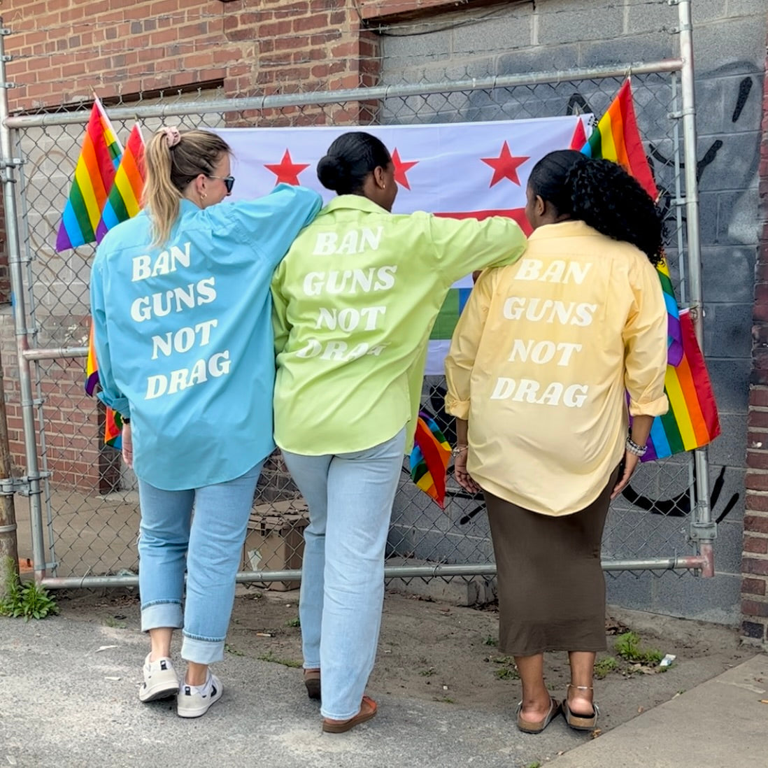 Yellow Ban Guns Not Drag Upcycled Button Down