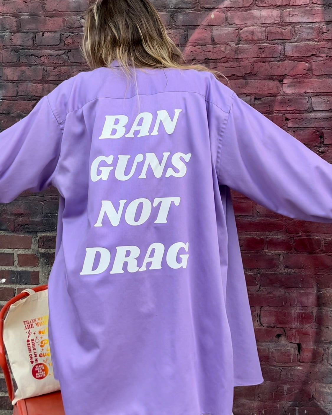 Purple Ban Guns Not Drag Upcycled Button Down