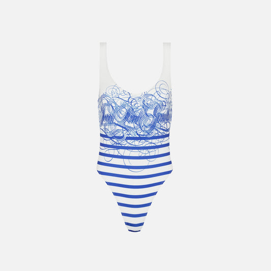 Jean Paul Gaultier Marinière Calligraphe Printed Jersey Swimsuit - White / Navy