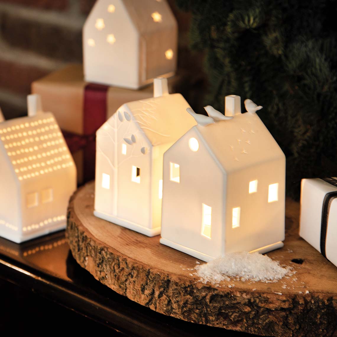 Porcelain Village House with Perched Birds