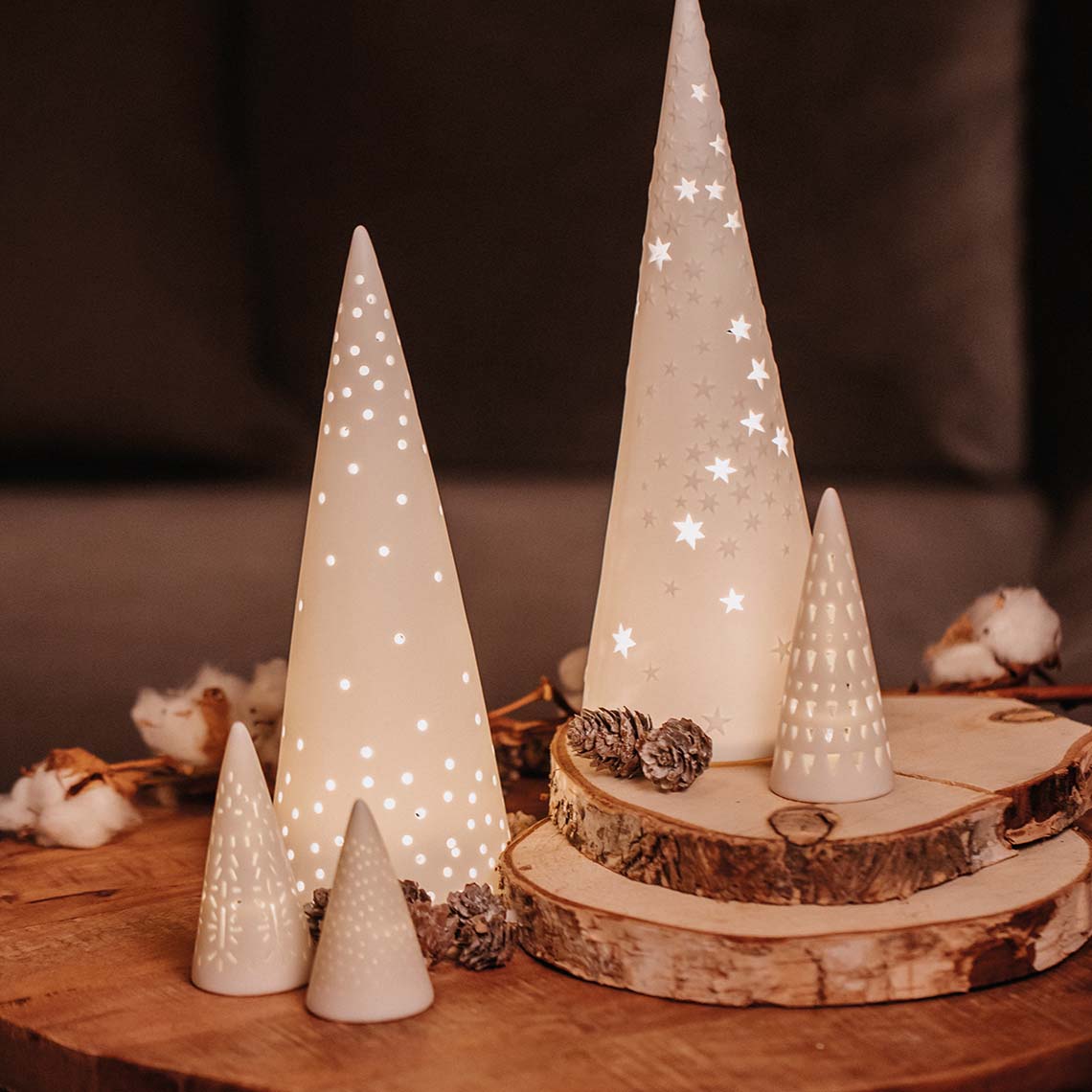 LED Porcelain Mini Fir Trees, Set of 3