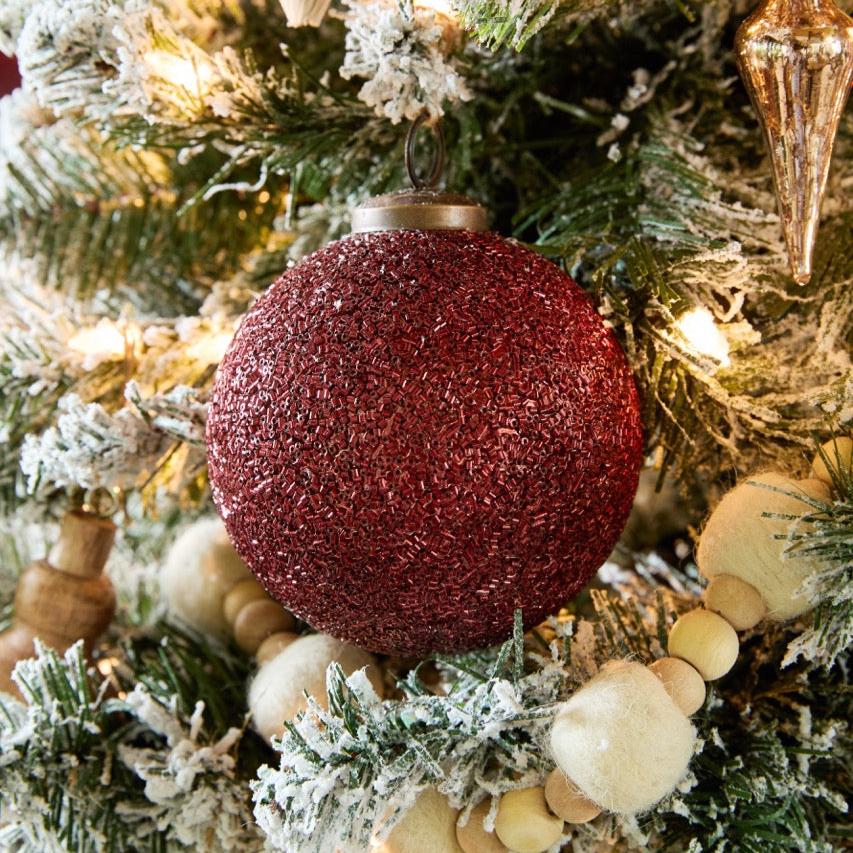 4" Beaded Bordeaux Glass Ornament, Set Of 4