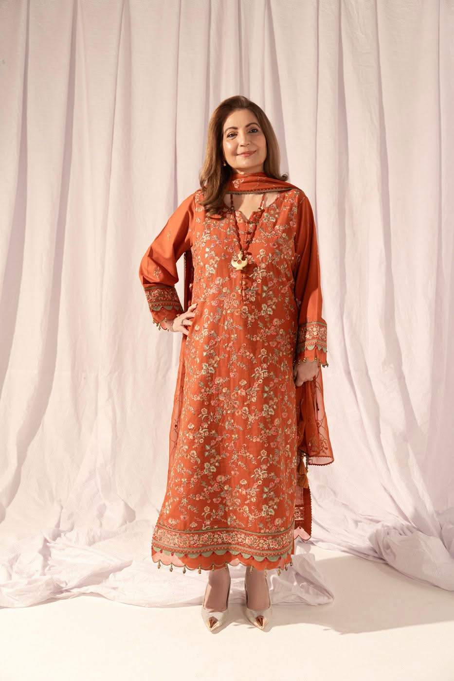 3 Pc Embroidered Khaddar Suit With Chiffon Dupatta