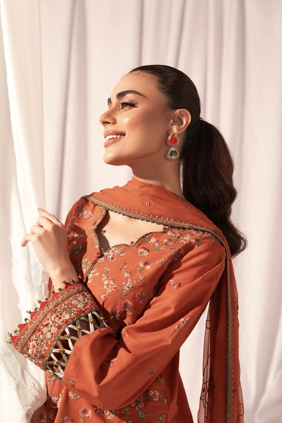 3 Pc Embroidered Khaddar Suit With Chiffon Dupatta
