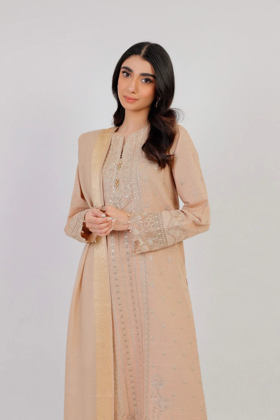 3 Pc Embroidered Khaddar Suit With Shawl