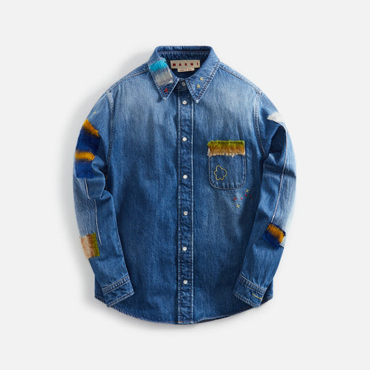 Marni Stone Washed Organic Denim Mohair Shirt - Iris Blue