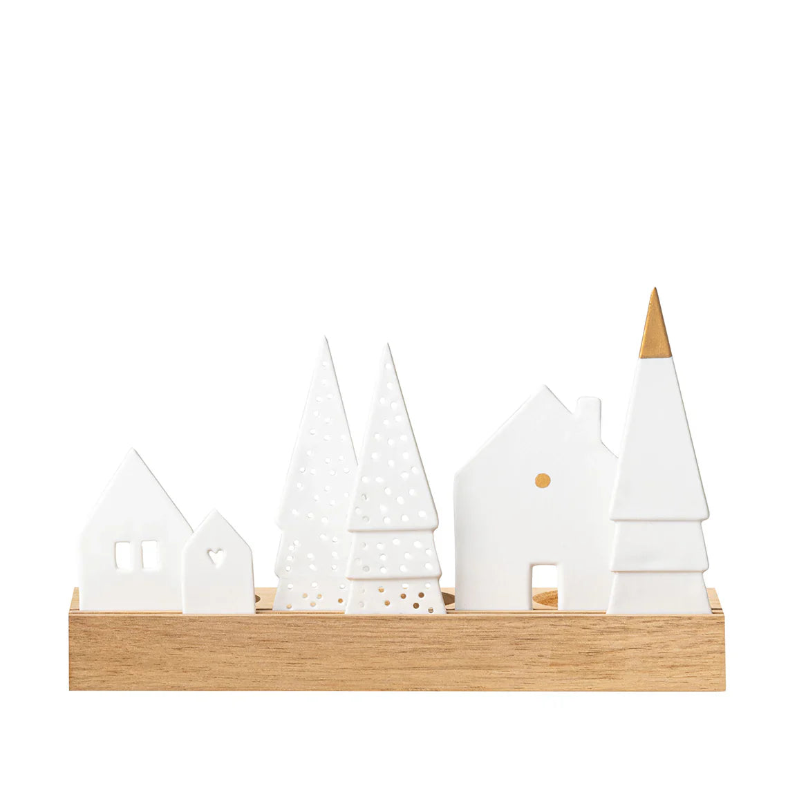 Porcelain & Wood Holiday Village Tealight Holder Set