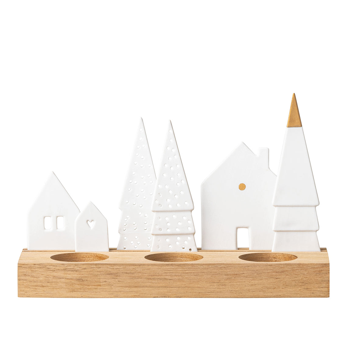 Porcelain & Wood Holiday Village Tealight Holder Set
