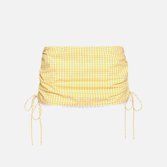 GUIZIO Gingham Ruched Side Tie Mini Skirt - Limonchello