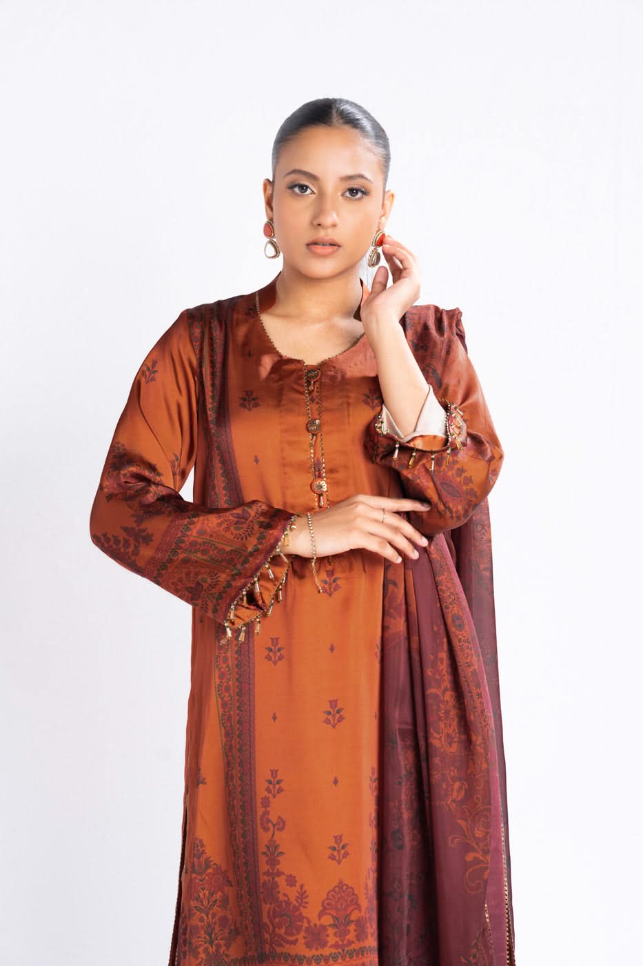 3 Piece Printed Chamois Silk Suit With Printed Tissue Silk Dupatta
