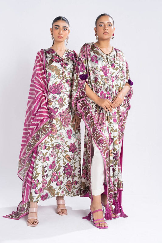 3 Piece Printed Chamois Silk Suit With Printed Tissue Silk Dupatta