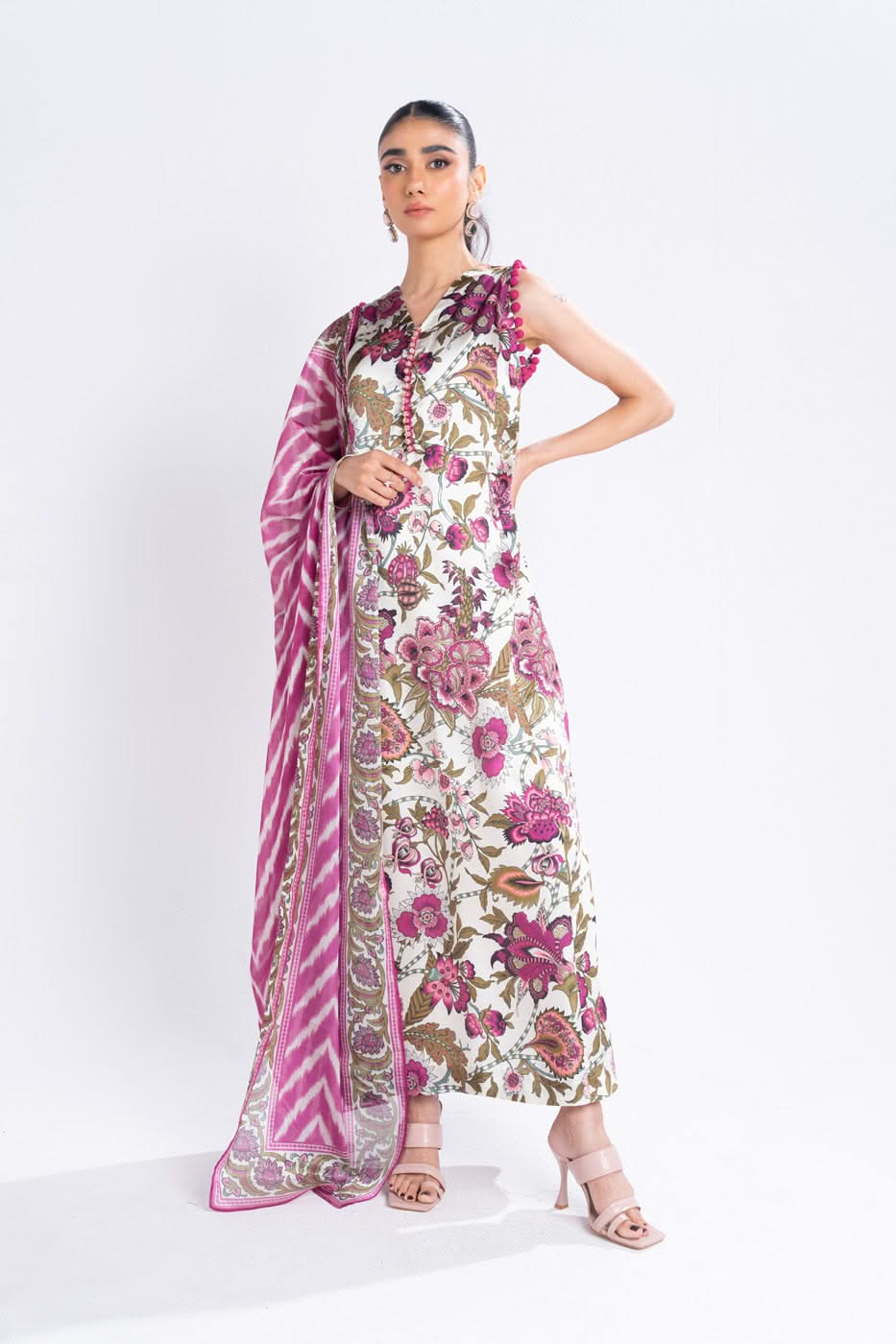 3 Piece Printed Chamois Silk Suit With Printed Tissue Silk Dupatta