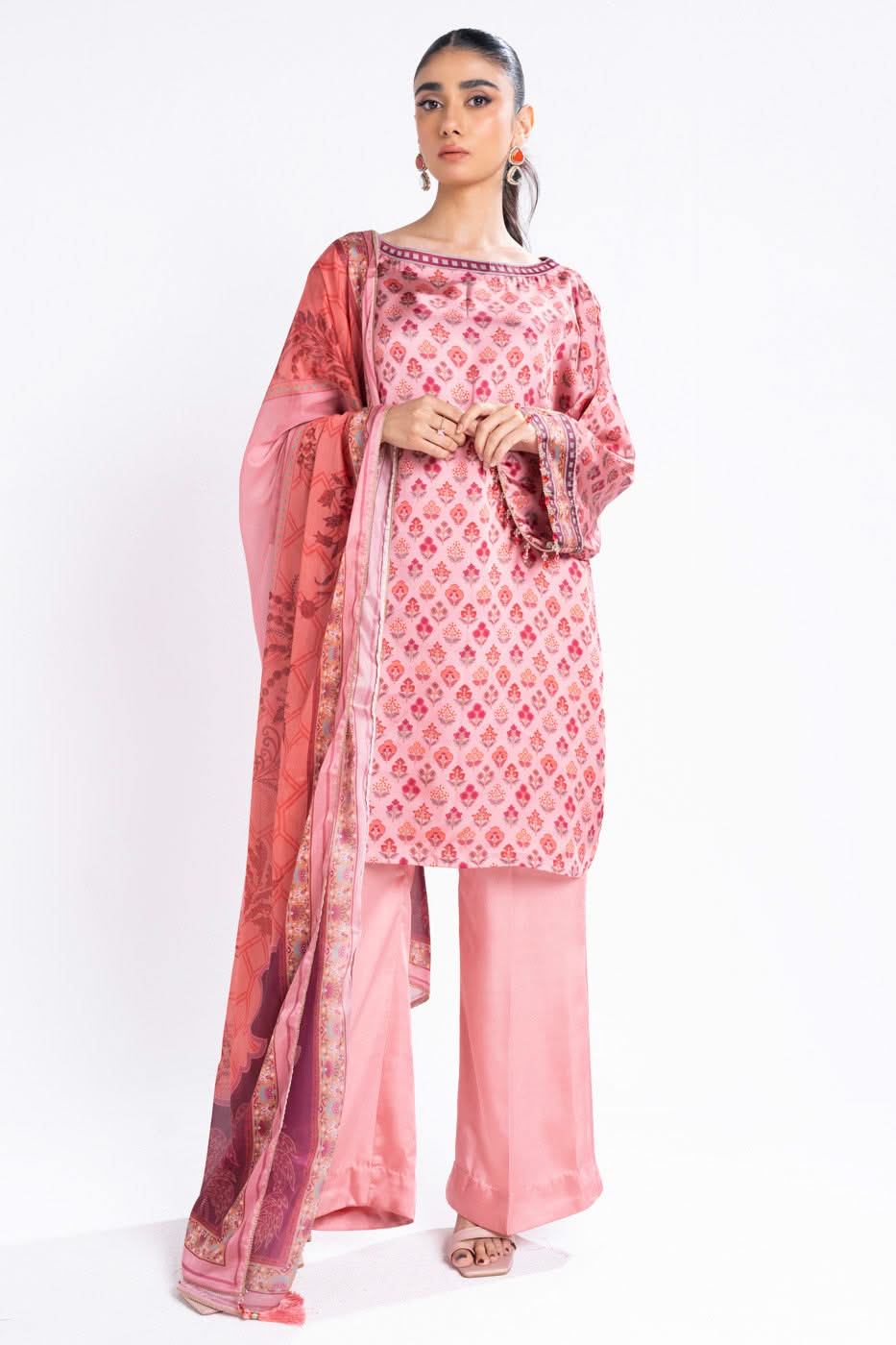 3 Piece Printed Chamois Silk Suit With Printed Tissue Silk Dupatta