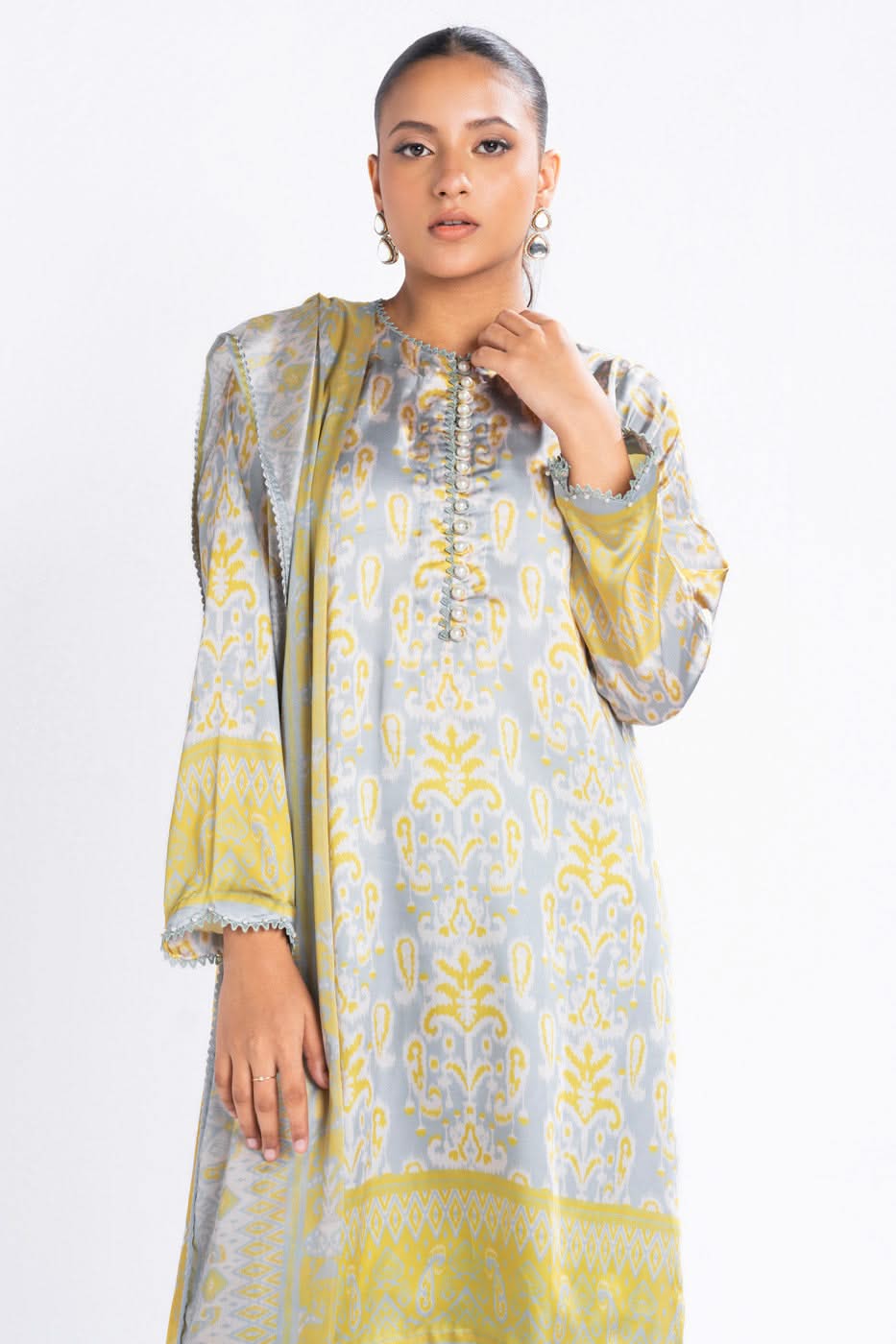 3 Piece Printed Chamois Silk Suit With Printed Tissue Silk Dupatta