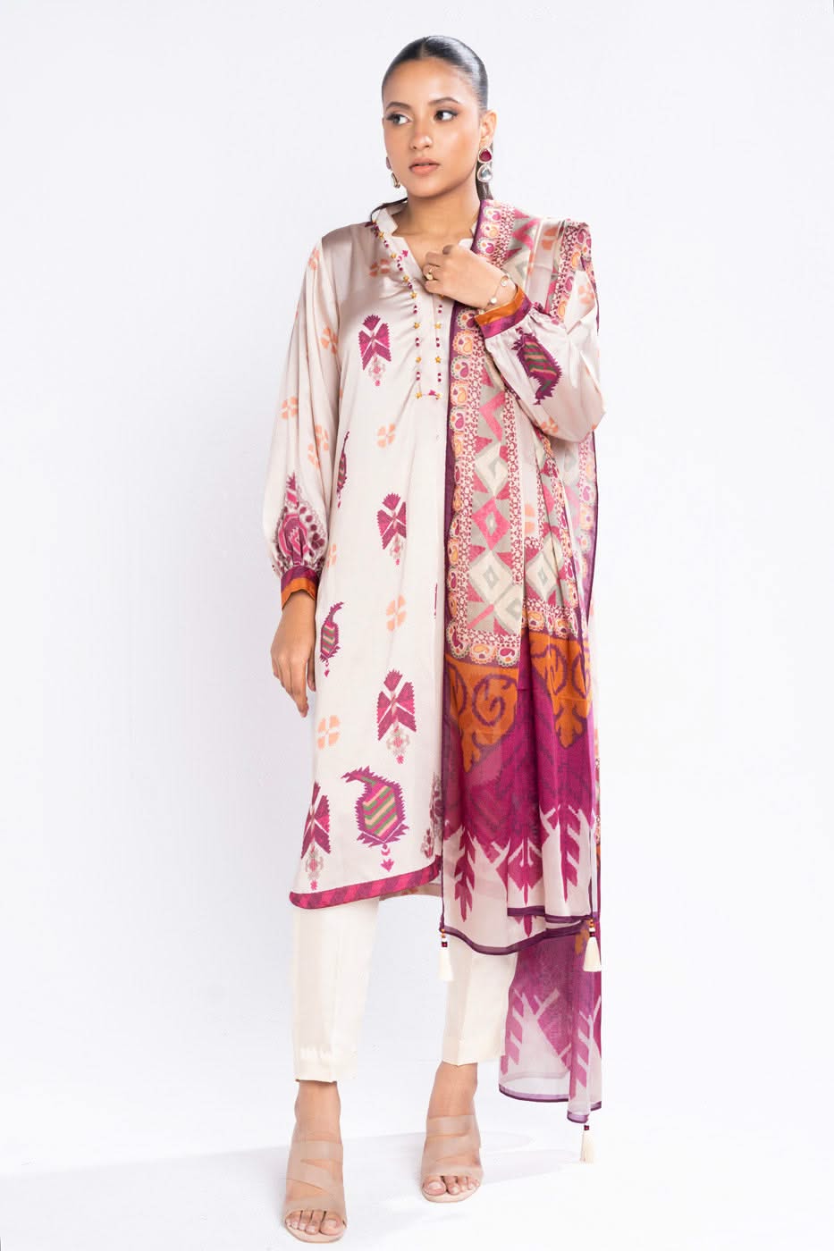 3 Piece Printed Chamois Silk Suit With Printed Tissue Silk Dupatta