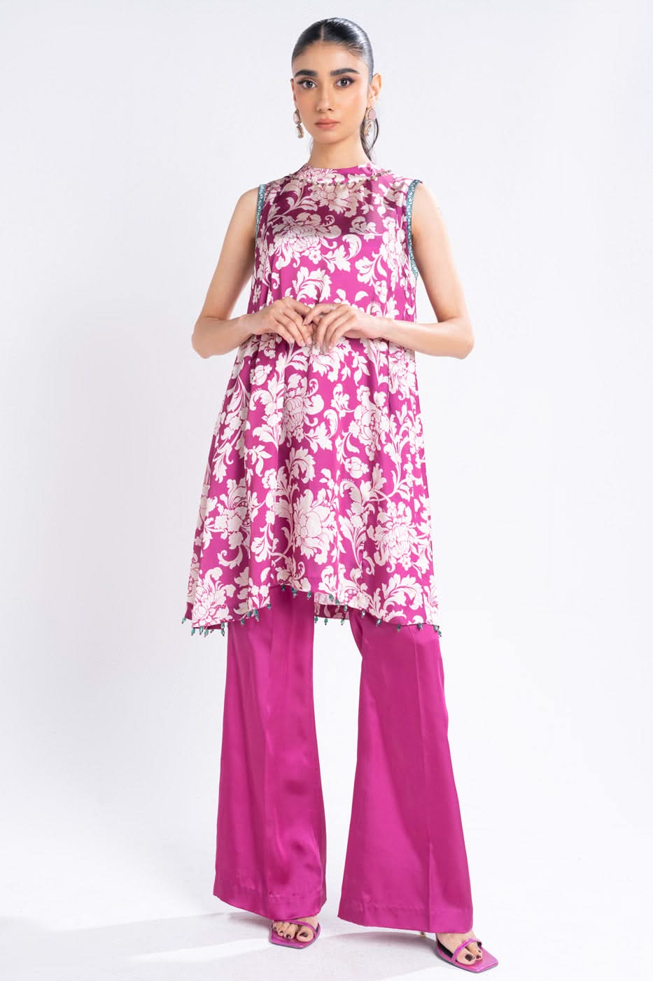 3 Piece Printed Chamois Silk Suit With Printed Tissue Silk Dupatta