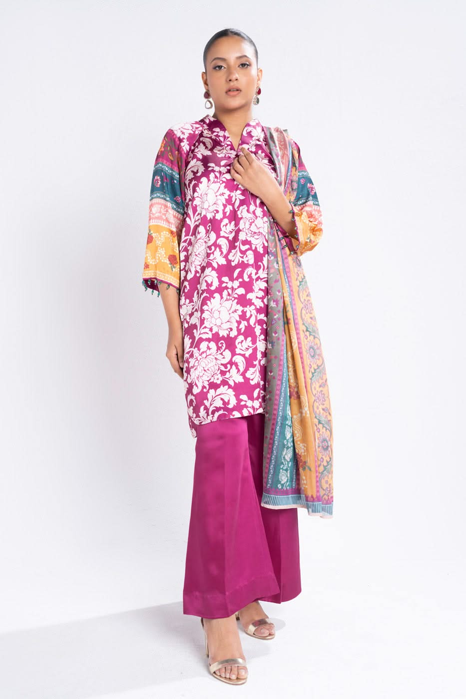 3 Piece Printed Chamois Silk Suit With Printed Tissue Silk Dupatta