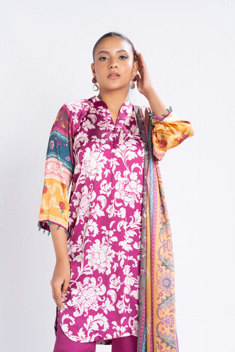 3 Piece Printed Chamois Silk Suit With Printed Tissue Silk Dupatta