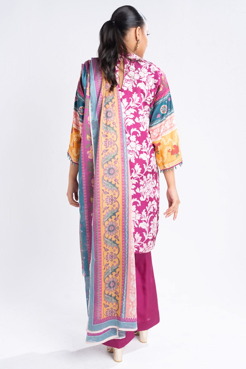 3 Piece Printed Chamois Silk Suit With Printed Tissue Silk Dupatta