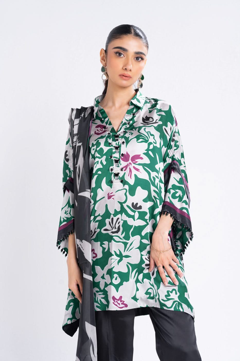 3 Piece Printed Chamois Silk Suit With Printed Tissue Silk Dupatta