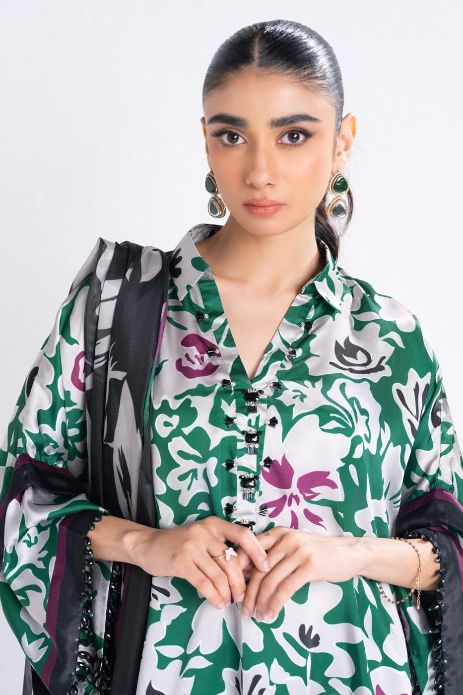 3 Piece Printed Chamois Silk Suit With Printed Tissue Silk Dupatta