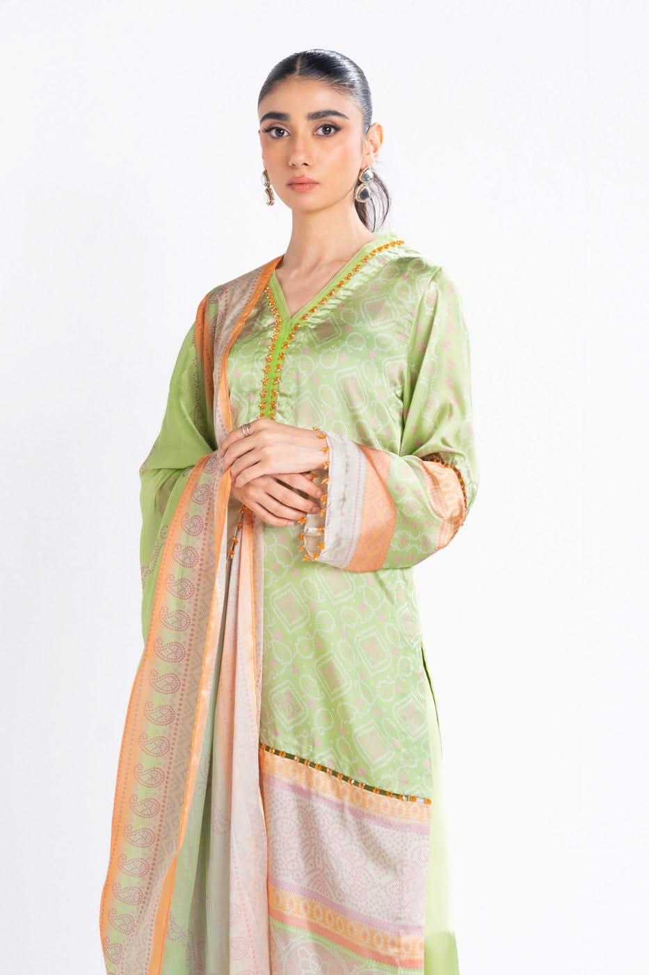 3 Piece Printed Chamois Silk Suit With Printed Tissue Silk Dupatta