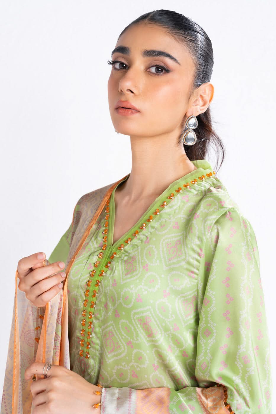 3 Piece Printed Chamois Silk Suit With Printed Tissue Silk Dupatta
