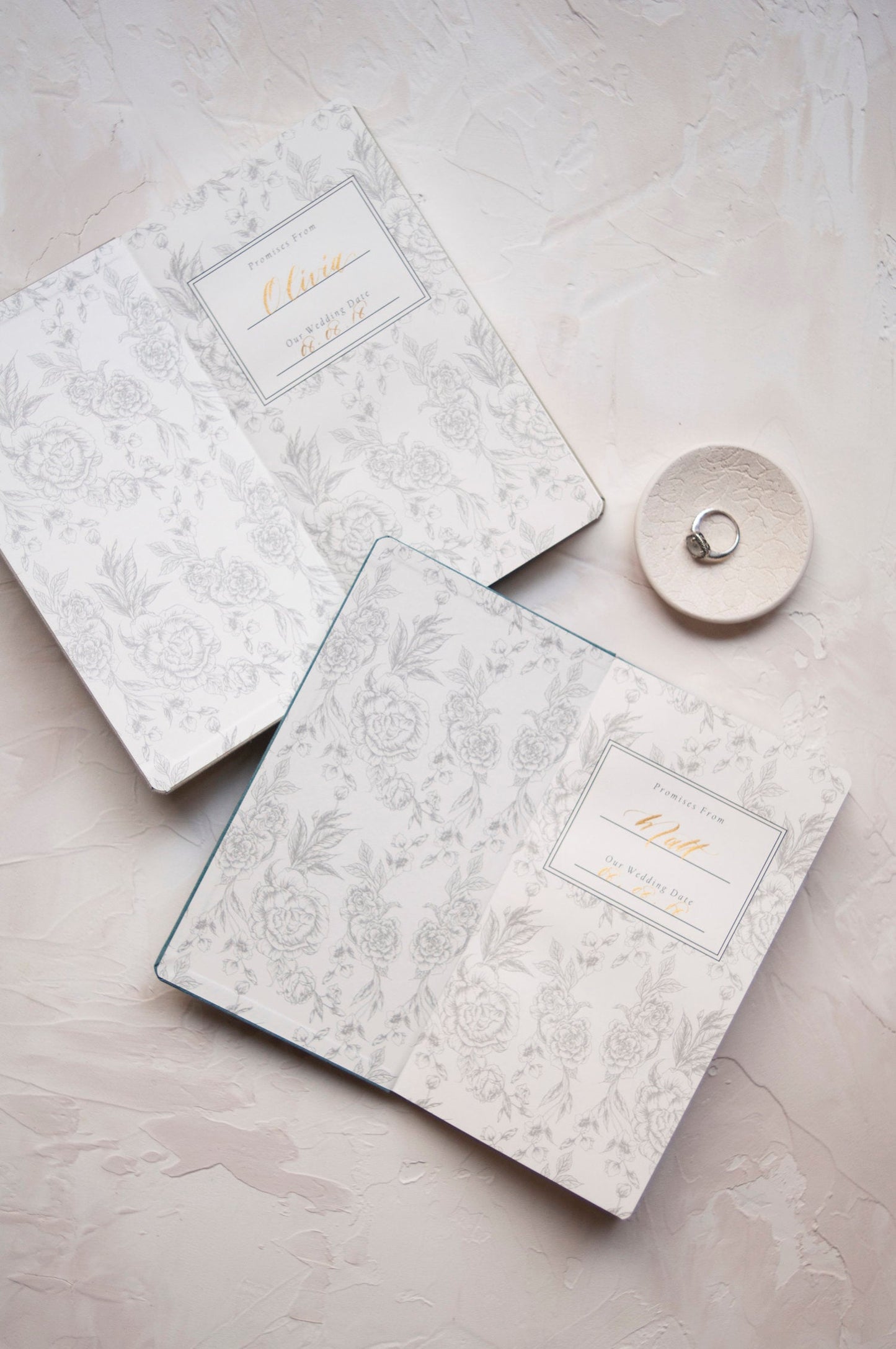 Wedding Vow Books with Gold Foil Press in Linen Cover-Pair of 2 / Ocean Blue + Olive Green