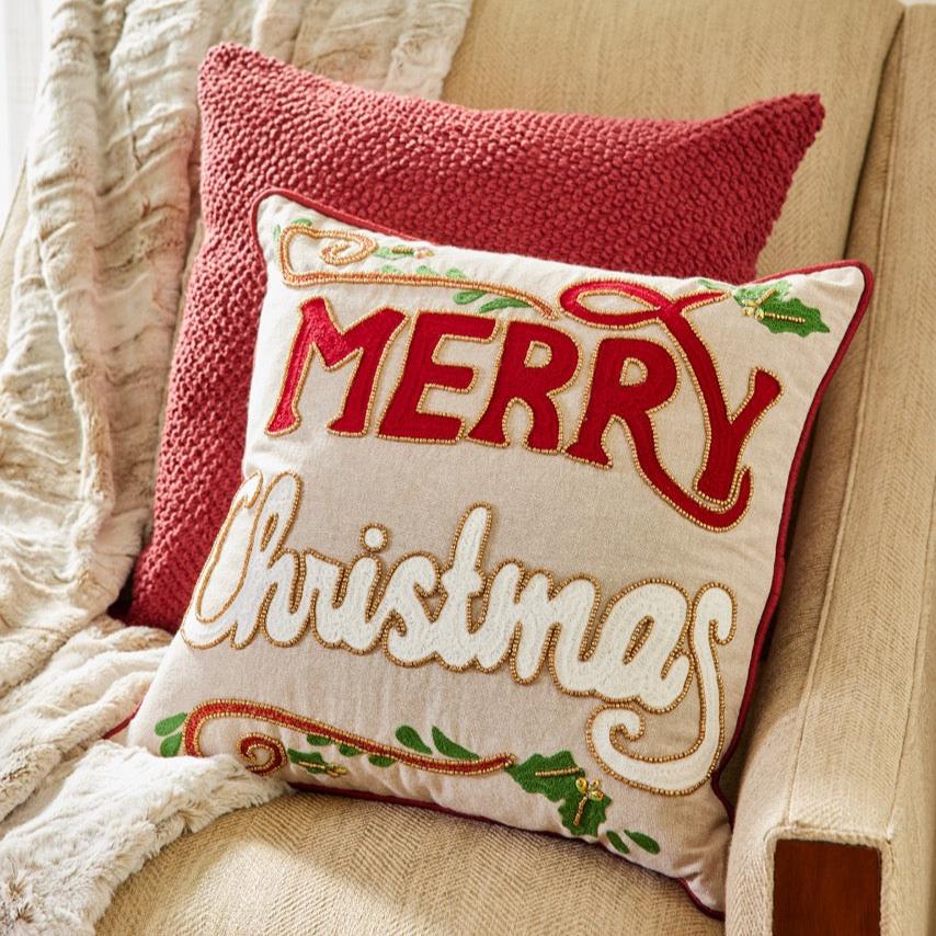 Beaded Merry Christmas Pillow, Down Filled