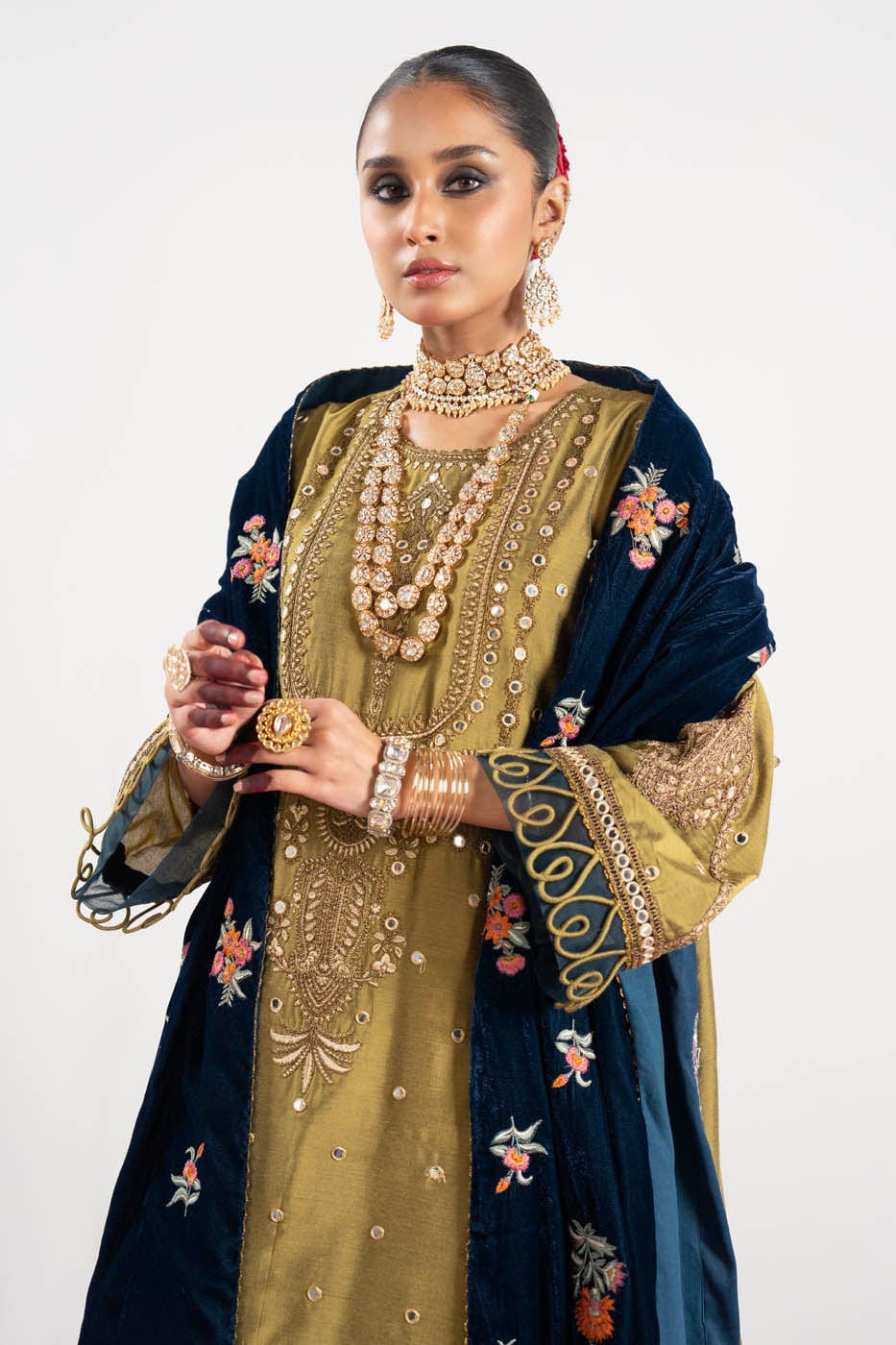 3 Pc Embroidered Yarn Dyed Silk Suit With Velvet Shawl