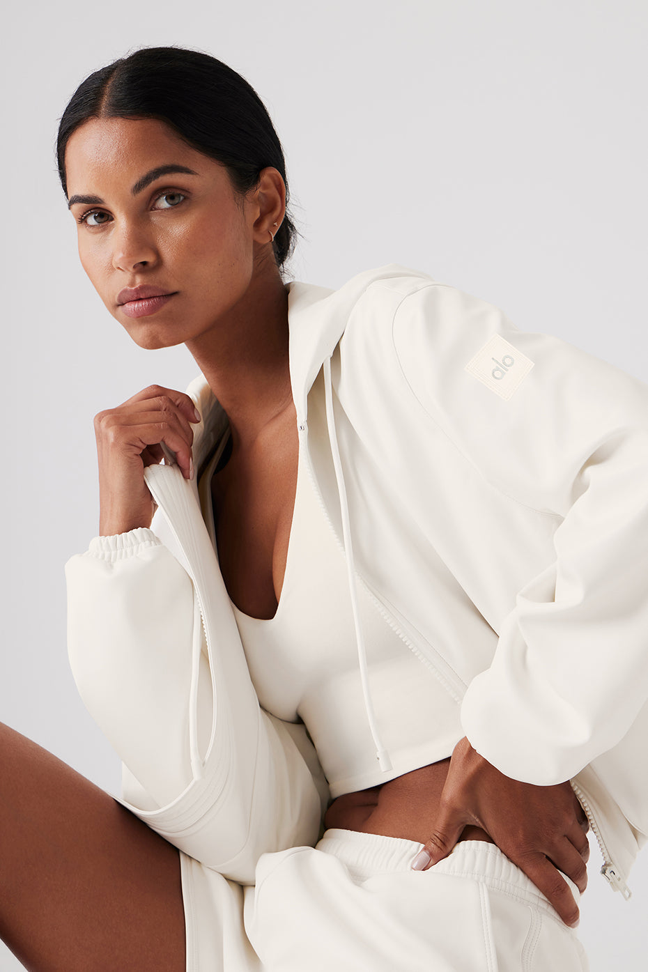 Faux Leather Power Hour Full Zip Cropped Jacket - Ivory