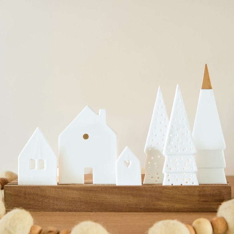 Porcelain & Wood Holiday Village Tealight Holder Set
