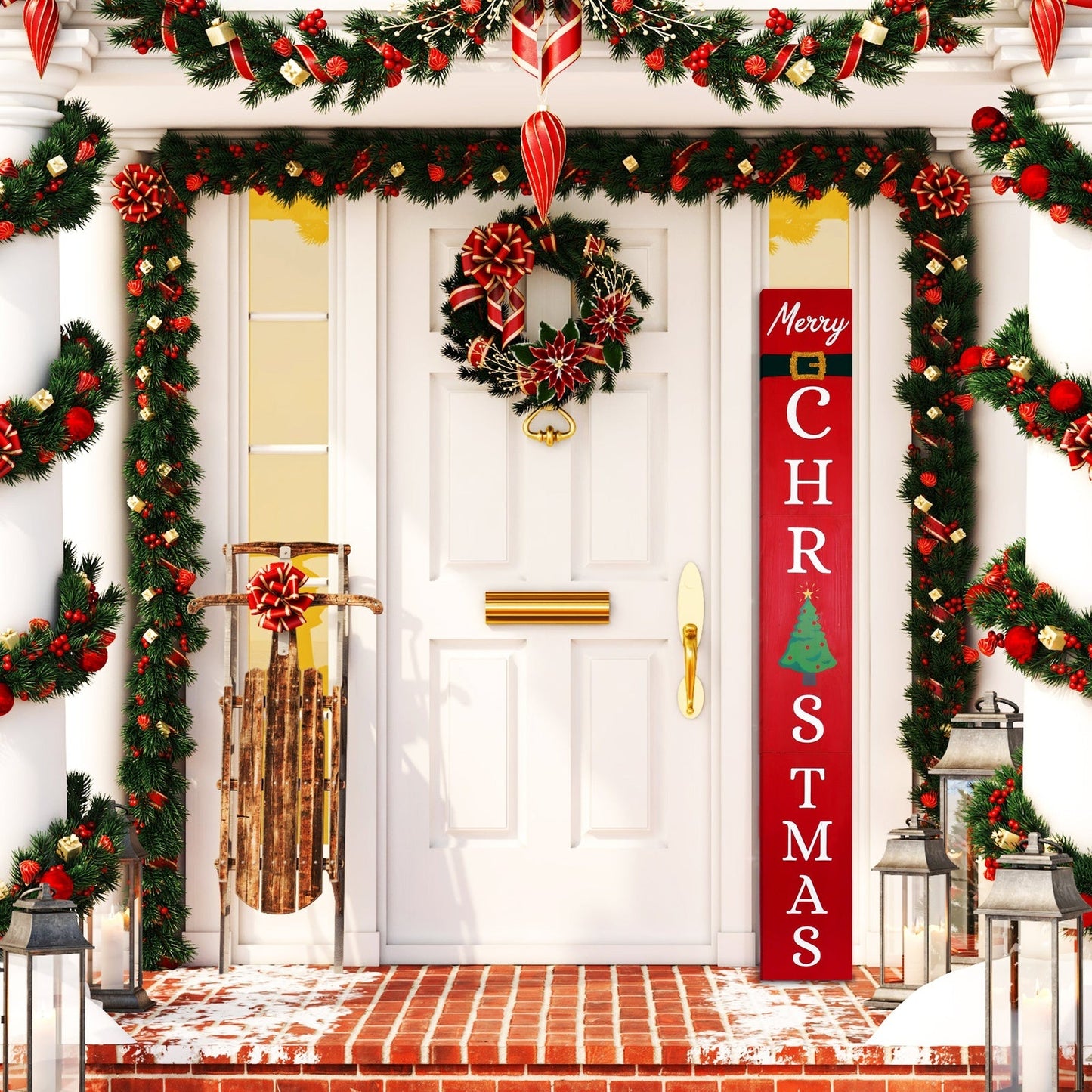 Red Merry Christmas Wood Porch Sign