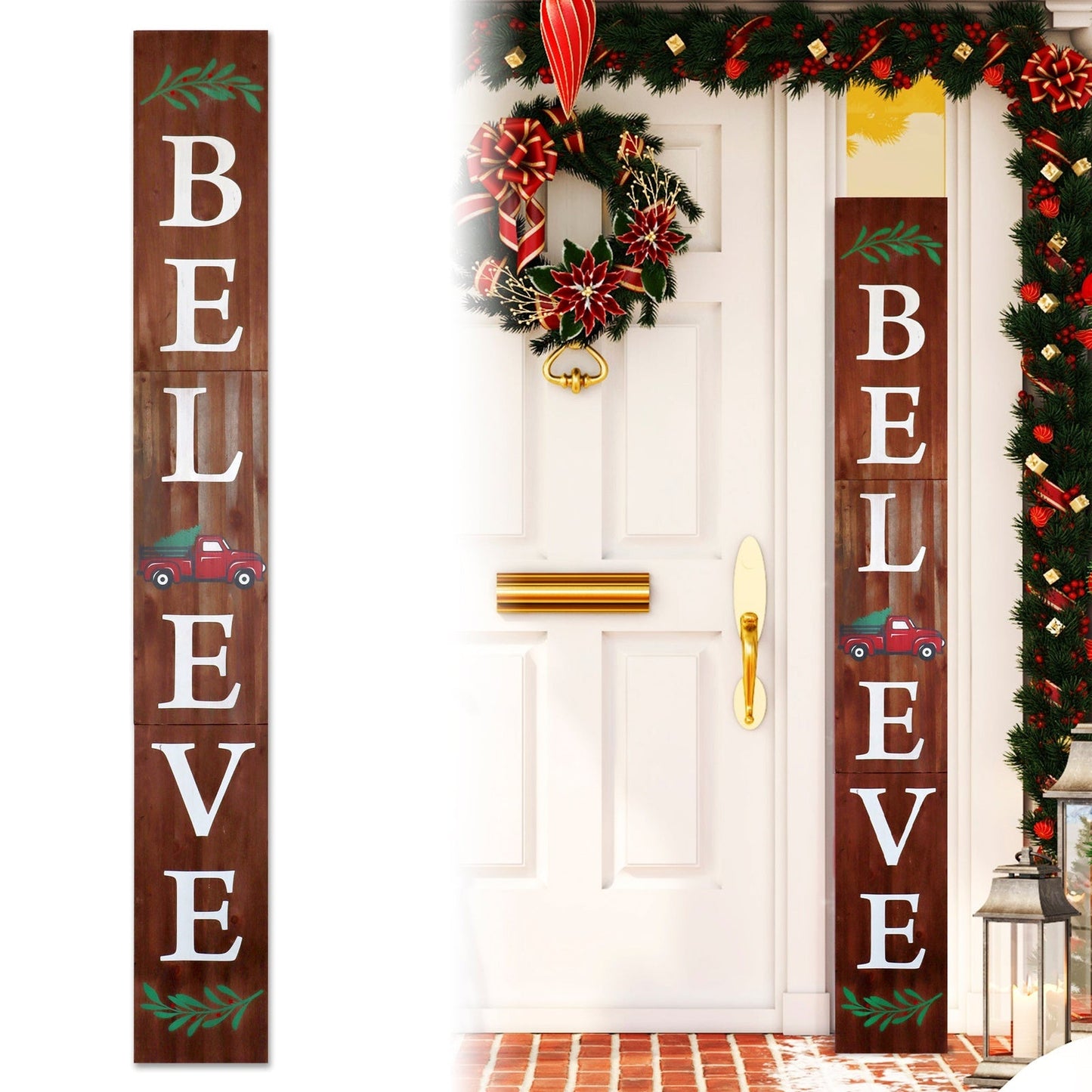 Brown Christmas Believe Wood Porch Sign