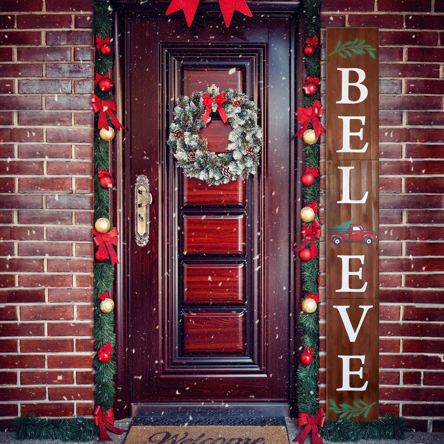 Brown Christmas Believe Wood Porch Sign